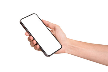 Hand showing smartphone with blank screen isolated on white background.