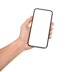 Hand showing smartphone with blank screen isolated on white background.
