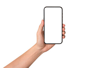 Hand showing smartphone with blank screen isolated on white background.