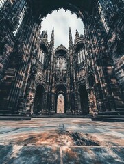 A dramatic view of a grand gothic cathedral interior with intricate stonework.