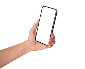 Hand showing smartphone with blank screen isolated on white background.