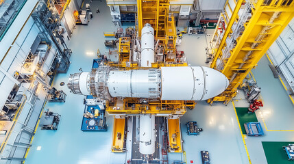 Rocket assembly facility with engineers working on advanced space technology, showcasing innovation and progress in aerospace engineering.