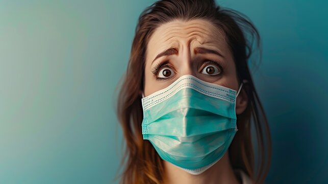  A worried and panicked American woman wearing a medical mask, expressing concern and fear about a viral pandemic, capturing the emotional impact and paranoia associated with health crises 