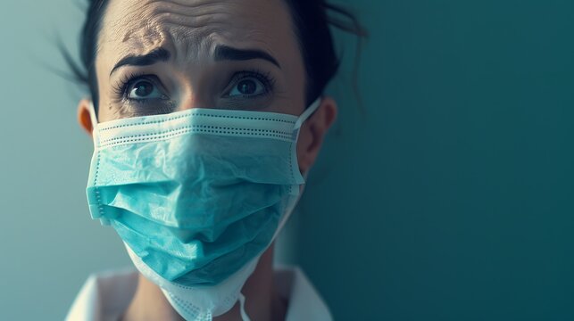  A worried and panicked American woman wearing a medical mask, expressing concern and fear about a viral pandemic, capturing the emotional impact and paranoia associated with health crises 