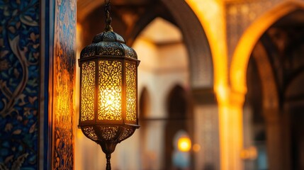Ornate Lantern Hanging in Front of Intricate Mosque Wall with Patterns, Softly Glowing Warm Golden Light Illuminating the Surrounding Islamic Architecture