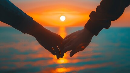Two hands reaching for each other against a sunset backdrop over the water.