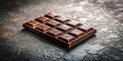 A single bar of dark chocolate, with a smooth, rich texture, rests on a dark textured surface. The...