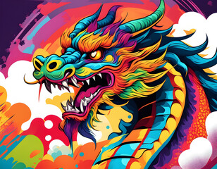 colorful Chinese Dragon with cool isolated pop art style background
