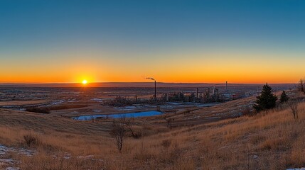 Breathtaking Sunset Over Gas Processing Plant Surrounded by Natural Landscape and Clear Skies Illuminated by Vibrant Light in Industrial Setting