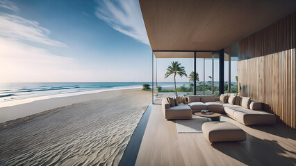 house with lounge chairs on the beach
