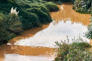 Stream of dirty water flowing vigorously after heavy rainfall. The murky appearance indicates a high content of sediment and pollutants, showing the effects of natural runoff.