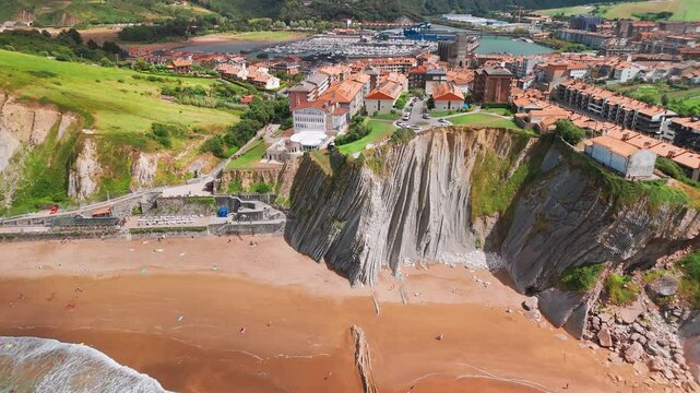 Aerial view of the beautiful Itzurun beach, Zumaia town, Basque country, Spain