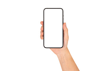 Hand showing smartphone with blank screen isolated on white background.