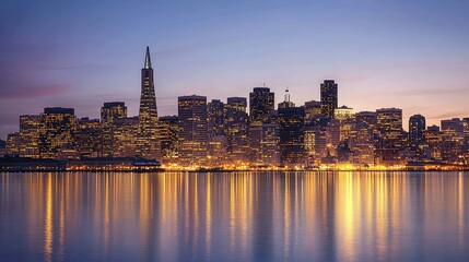 Fototapeta premium Illuminated City Skyline at Dusk with Reflections