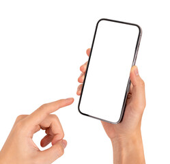 Close up of hand using smartphone with blank screen isolated on white background.