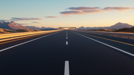 Naklejka premium A serene highway stretching towards distant mountains under a clear sky, illuminated by warm sunset hues.