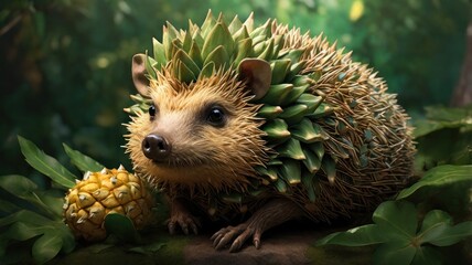 A cute hedgehog with a pineapple-like shell, sitting on a mossy rock in a lush green forest.