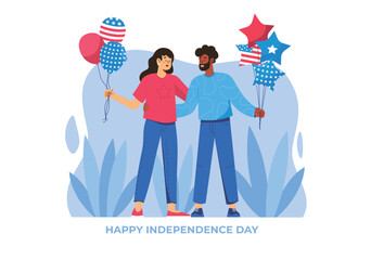 A cheerful couple celebrating Independence Day with balloons in red, white, and blue. Vector illustration