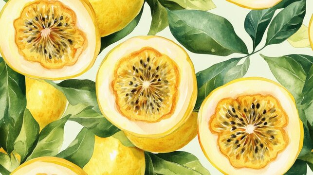 Watercolor seamless pattern featuring vibrant yellow passion fruit and lush green leaves ideal for fabric design and home decor