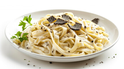 An isolated image of Classic Italian Black Truffle Pasta on a white background. The dish features tagliatelle or fettuccine in creamy Alfredo sauce, infused with