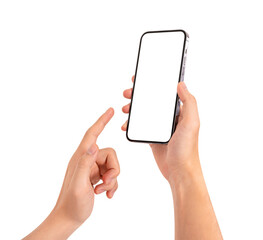 Close up of hand using smartphone with blank screen isolated on white background.