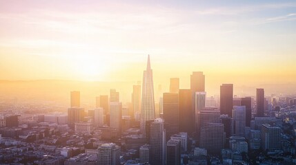 Fototapeta premium Golden hour cityscape panorama, skyscrapers at sunset.