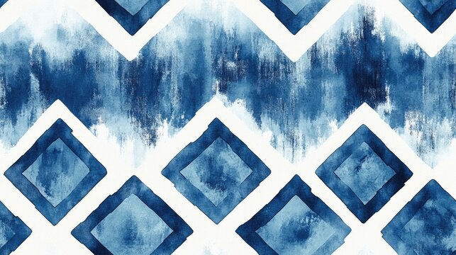 Navy geometric borders in a watercolor batik design seamless tile pattern showcasing Turkish Kilim influences