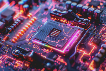 Fototapeta premium Futuristic advanced technology in bright colors Data flows through the microchip and motherboard.