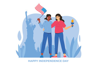 Two women celebrating Independence Day with a flag and torch. The Statue of Liberty is seen in the background. Vector illustration