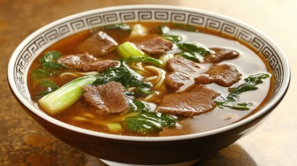 Traditional Beef Noodle Soup with Fresh Greens