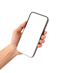 Hand showing smartphone with blank screen isolated on white background.