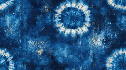Seamless indigo tie dye pattern featuring a patina effect with watercolor splashes perfect for fabric design and retro illustrations