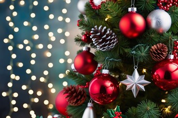 Obraz premium Christmas tree, ornaments, pine cones, baubles, red ornaments, silver ornaments, twinkle lights, bokeh, living room decor, holiday decorations, Christmas star, festive atmosphere, wreaths, stockings, 