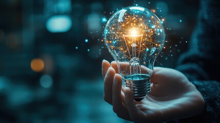Fototapeta premium New ideas Businessman hand holding creative light bulb with industry network, analysis solution and development marketing network icons planning strategy, Modern business, Innovative of idea