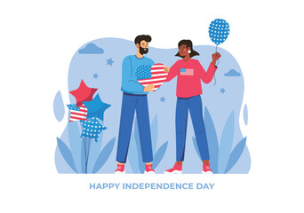 A couple celebrates Independence Day holding a heart-shaped object and balloons, with festive decorations. Vector illustration