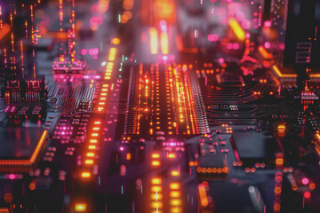 Fototapeta premium Futuristic advanced technology in bright colors Data flows through the microchip and motherboard.