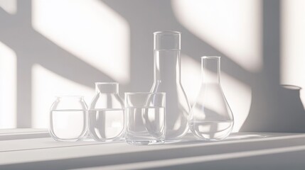 Elegant collection of glass beakers with subtle tints in sunlit setting for laboratory and decor
