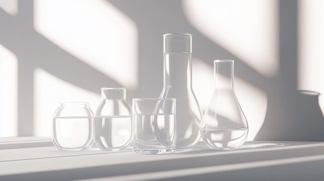 Elegant collection of glass beakers with subtle tints in sunlit setting for laboratory and decor