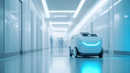 Obraz premium Futuristic medical delivery robot with glowing lights in modern hospital hallway