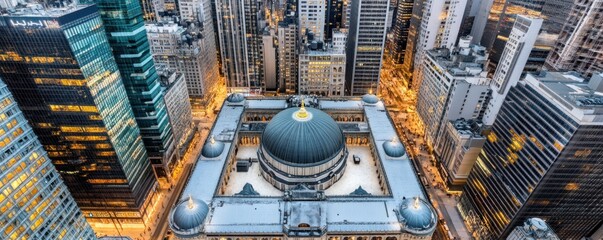 Aerial view of a cityscape featuring a prominent dome and surrounding skyscrapers at dusk.