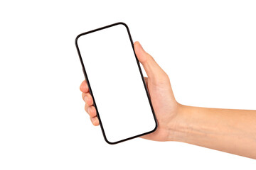 Hand showing smartphone with blank screen isolated on white background.