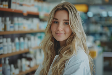 Portrait of confident female pharmacist in the drugstore looking at camera.