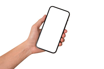 Hand showing smartphone with blank screen isolated on white background.