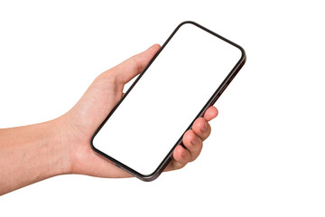Hand showing smartphone with blank screen isolated on white background.