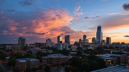 Naklejka premium Vibrant sunset over a city skyline with skyscrapers and residential areas.