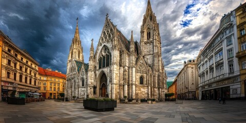 Fototapeta premium A stunning view of a historic cathedral surrounded by urban architecture and dramatic skies.