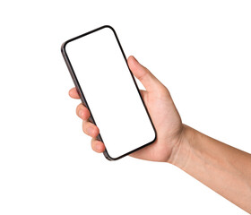 Hand showing smartphone with blank screen isolated on white background.