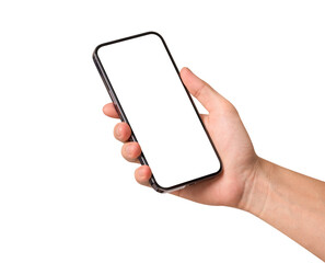 Hand showing smartphone with blank screen isolated on white background.