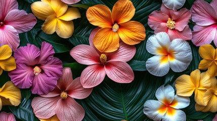 Fototapeta premium Seamless pattern featuring a vibrant bouquet of tropical orchids hibiscus and plumeria ideal for summer themed designs