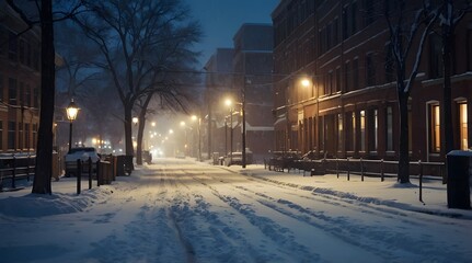 Snowy City Street at Night